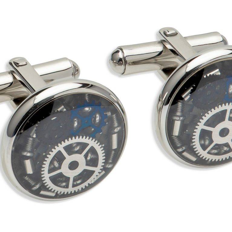 Blue and Black IP plated mechanical gear cufflinks in resin by Nichelle Jewellery.